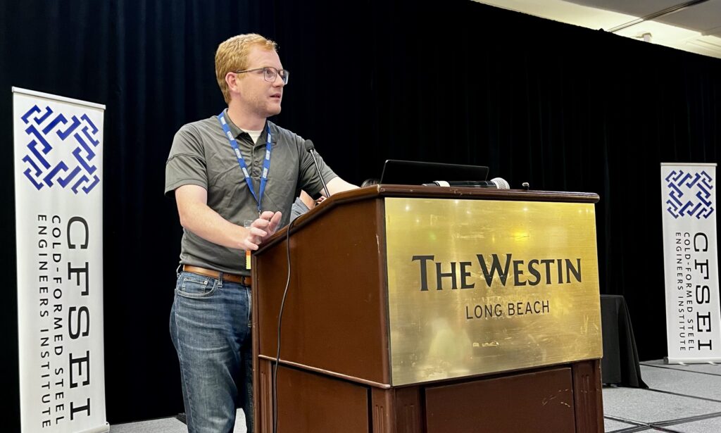 Michael Keagan discusses his award-winning project during a presentation at the 2026 CFSEI Expo in Long Beach, California. Keagan was recognized as a winner of the 2026 CFSEI Student Competition on Cold-Formed Steel Design.