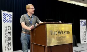 Michael Keagan discusses his award-winning project during a presentation at the 2026 CFSEI Expo in Long Beach, California. Keagan was recognized as a winner of the 2026 CFSEI Student Competition on Cold-Formed Steel Design.
