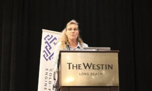 Tara Hutchinson, Ph.D., professor of structural engineering at the University of California, San Diego, outlines the goals of the CFS-NHERI and CFS10 research programs during the keynote session at the 2026 CFSEI Expo in Long Beach, California. Photo: Marco Johnson
