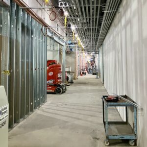 Conduit, wires, and pipes run parallel to and through cold-formed steel framed partitions
