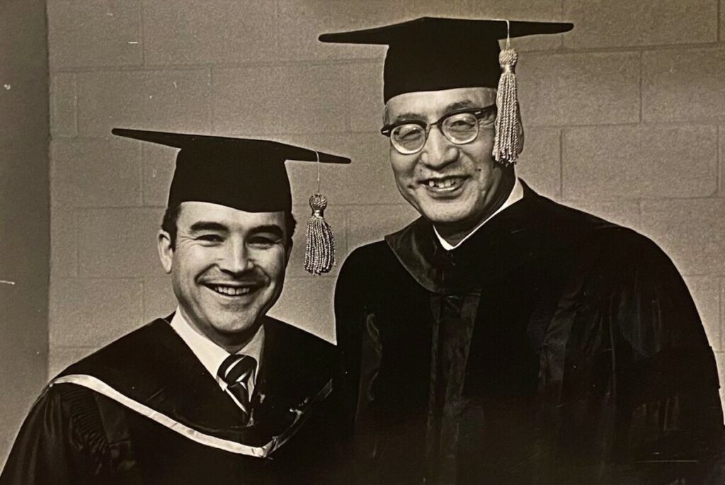 Dr. Wei-Wen Yu, right, stands with longtime colleague Dr. Delbert Day at Missouri University of Science and Technology.