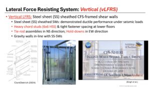 Steel-sheet-sheathed cold-formed steel (CFS) framed shear walls formed the primary vertical seismic-force-resisting system in the 10-story CFS10 building. Copyright 2026 Cold-Formed Steel Engineers Institute (CFSEI). Used with permission.