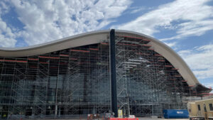 The exterior soffits followed long, radius-driven curves while changing pitch and angle around the building perimeter. Coordinated digital modeling defined the framing geometry before construction, reducing field adjustments and maintaining continuity.
