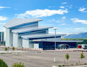 Completed CFS framing supports the visitor center's stepped roof, tall clerestory walls and aircraft-inspired architectural design.