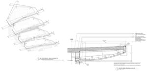 The stepped roof geometry and extensive overhangs drove the design of the tall cold-formed steel (CFS) wall system and supporting framing.