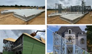 The construction sequence shows the home from CFS framing through sheathing to the completed exterior. The framing system <yoastmark class=