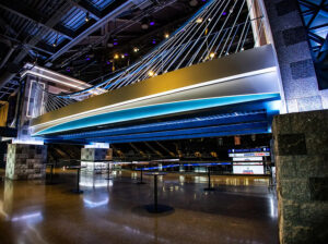 Inspired by New York City's iconic bridges, the Modelo® Bridge creates a two-level gathering space overlooking the arena and downtown Brooklyn.