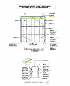 A wide-flange collector nested inside the slotted slip track transferred shear from the structural steel beam into the top track and plywood sheathing.