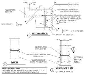 Martin/Martin detailed structural steel plate connections at the elevator shaft corners to engage 3 cold-formed steel (CFS) walls as a horizontal moment frame.