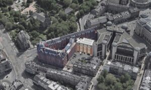 Rendering shows the nine-story Caledonian Hotel extension rising within the historic Edinburgh site. The addition uses structural steel and cold-formed steel framing.