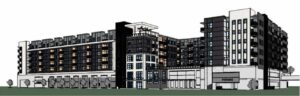 Legends 267 Apartments places five stories of load-bearing cold-formed steel (CFS) framing above a 3-story precast parking garage in Kansas City, Kansas.