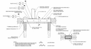 The shear wall end-post support detail uses an HSS member spanning between precast double-tee stems to transfer reactions while accommodating camber and topping slab tolerances.