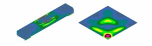 Stress analysis shows load distribution through the tube member and offset embed plate used in the cold-formed steel (CFS) shear wall support detail.