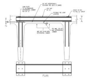 The HSS support detail uses shim plates to accommodate differential camber between precast double-tees while maintaining support for cold-formed steel (CFS) shear wall reactions.