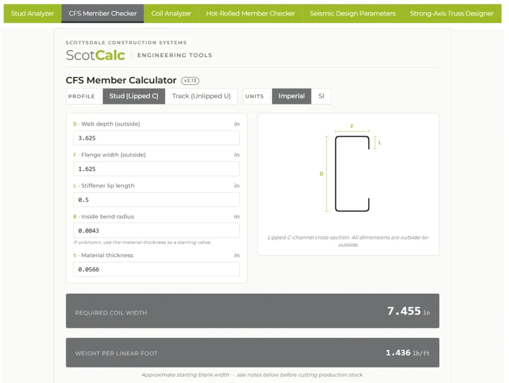 The ScotCalc Engineering Tools for cold-formed steel (CFS) design include three new modules — the Stud Analyzer, Coil Analyzer and CFS Member Checker.